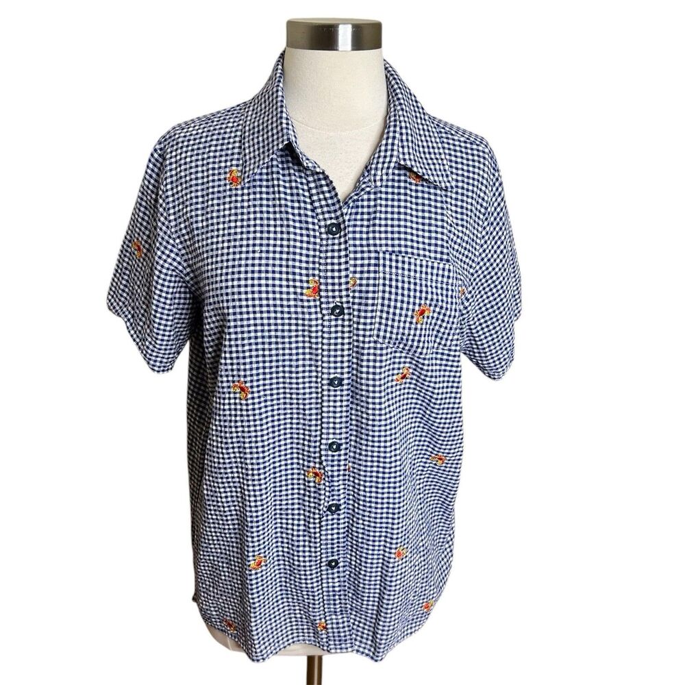 Quacker Factory Blue Gingham Crab Jeweled Print Short Sleeve Shirt Button Up M